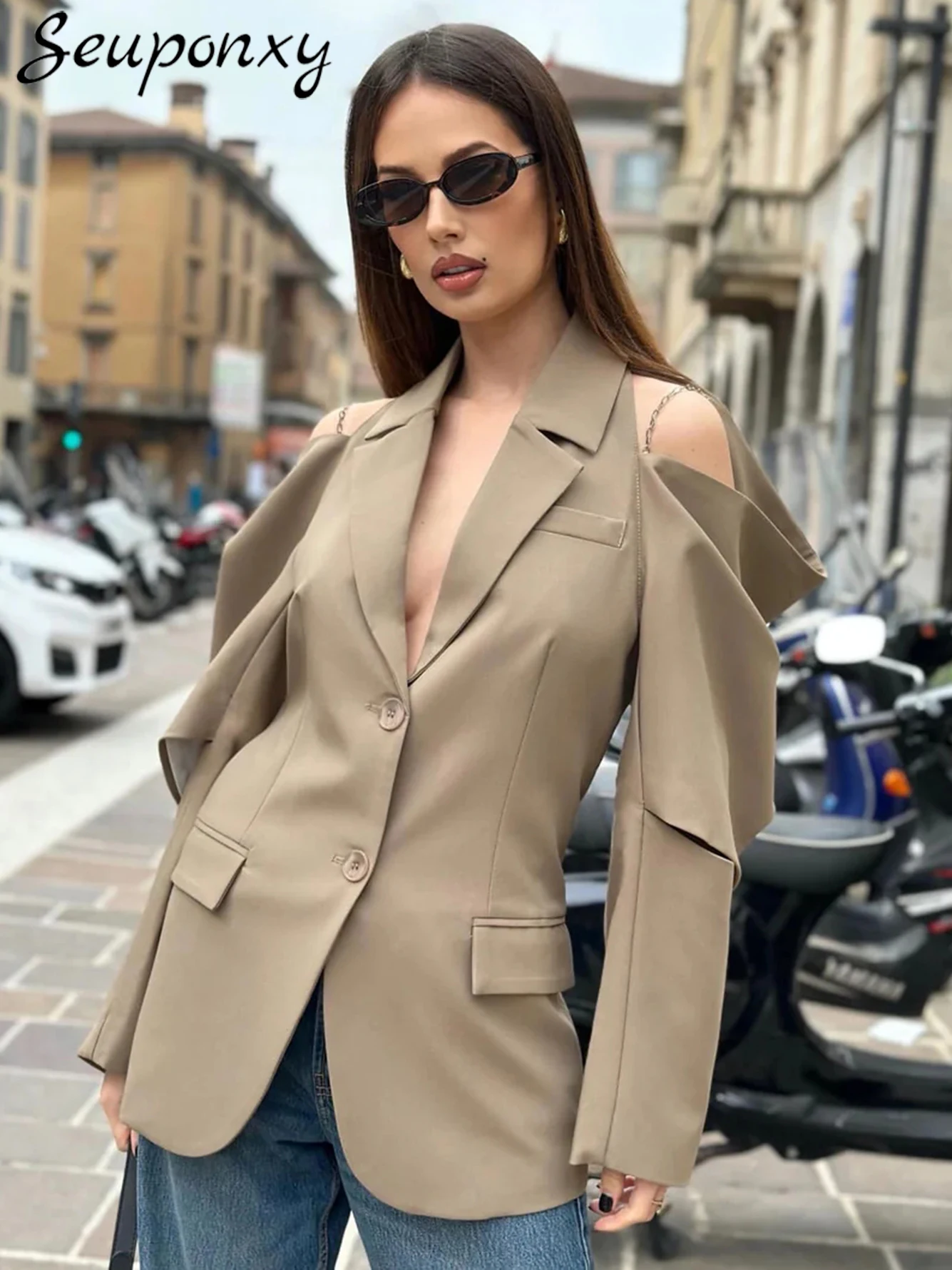 

High Quality 2024 New Fashionable Women'S Street Khaki Blazer Sexy Lapel Long Sleeved Hollowed Out Single Breasted Loose Blazer