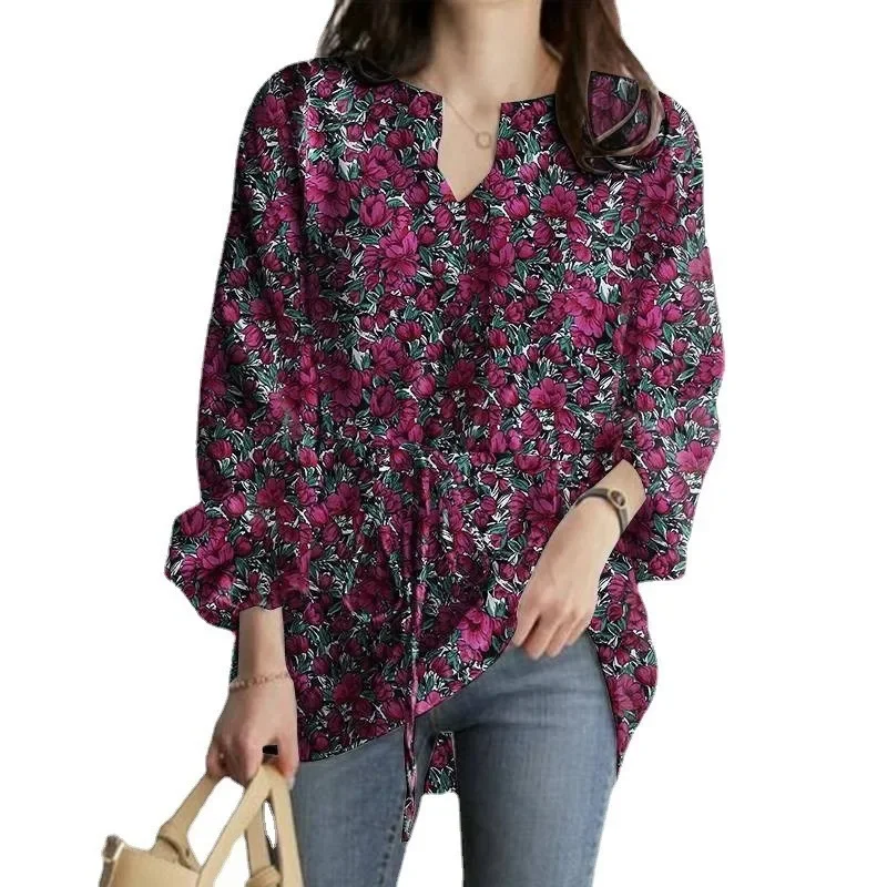 

Women Retro Printed Blouses Summer Autumn Bohemian Long Sleeve Floral Printed Blusas Casual Tops Lace Up Tunic Blusas Para Mujer