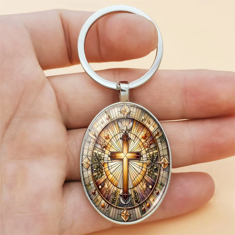 1pc Vintage Colored Cross Pattern Circular Glass Keychain Metal Pendant Jewelry Religious Fashion Gift