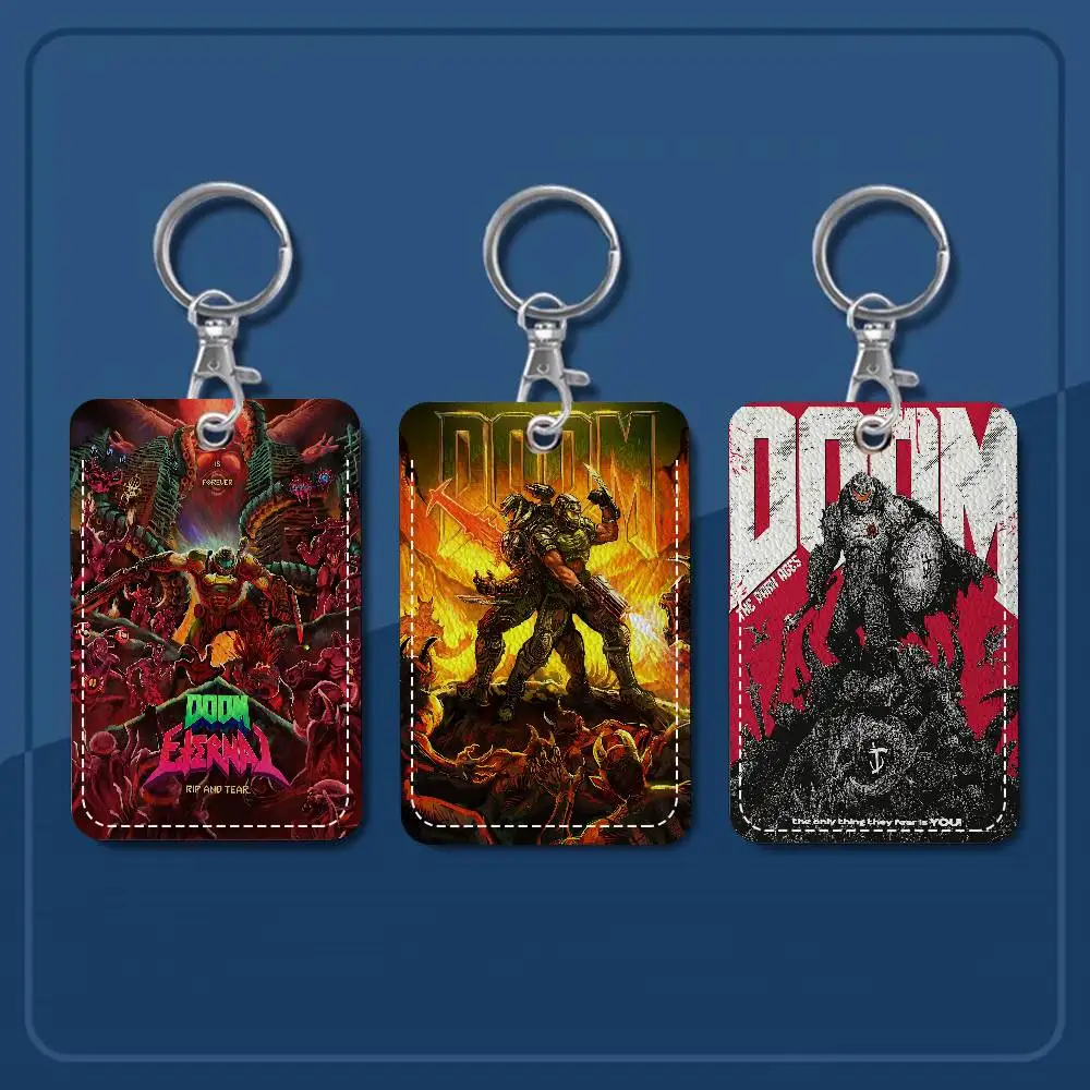 Cool movie D-Doom Rectangle ID Card Case Keychain Access Card Bag Key Tag Ring Leather Card Holder Key Ring Access