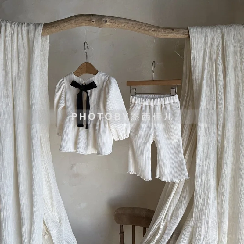 طفل دمية أعلى السراويل الطويلة قطعتين مجموعة Bowknot حزام مجموعة الفتيات الأطفال الكورية فضفاضة عارضة الحلو لطيف لينة مريحة