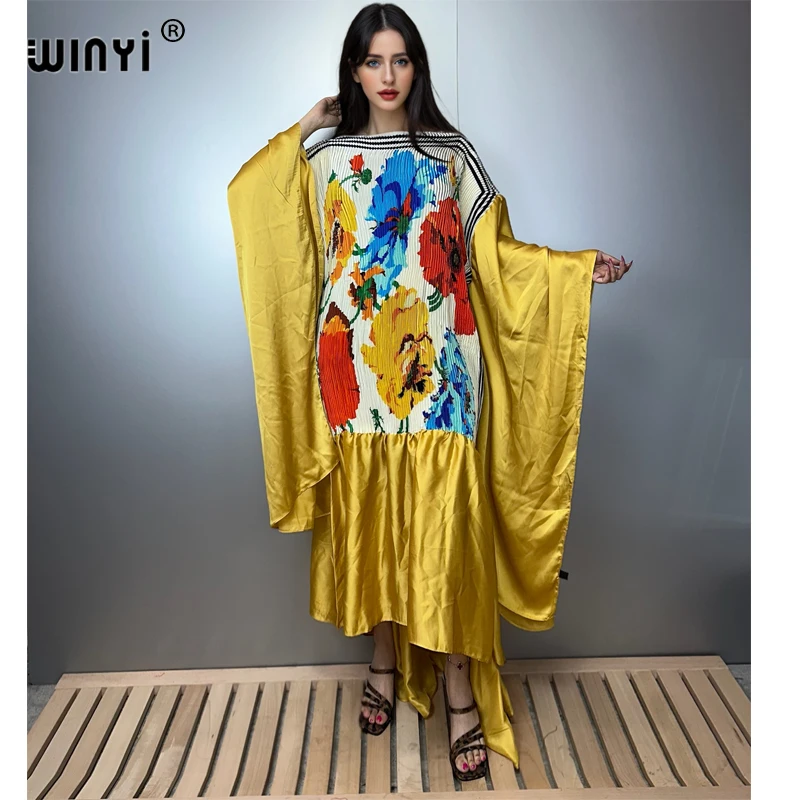 WINYI estate Pieghettato Elastico abito ampio elegante spiaggia copricostume maxi caftano abaya dubai abiti da festa di lusso boho abito da sera