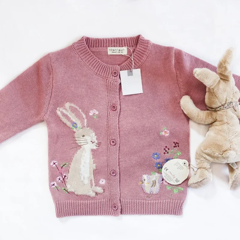 

Baby Girls Cotton Knitted Cardigan Pink Color Cartoon Rabbit Embroidery Spring Autumn Sweater Kids Outerwear Top