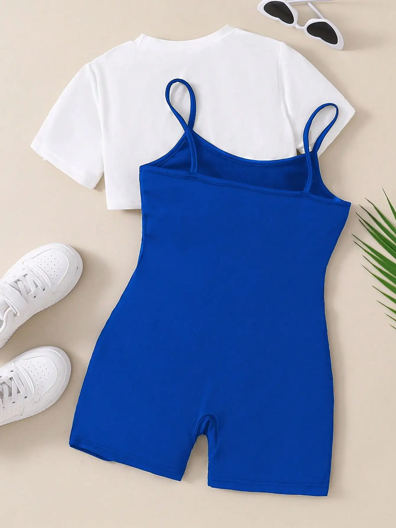 2pcs Summer Girls Set Sexy Open Back Top+Solid Color Strap Jumpsuit Fashion Design Suitable For Children\'s Clothing Aged 7-13