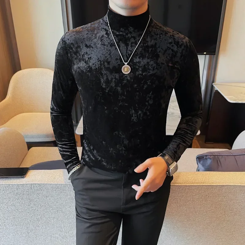 Autumn Winter New Velvet Half High Neck T-Shirt Korean Luxury Men\'s Slim Fit Solid Color Casual Long Sleeve Tee Men Clothing 4XL