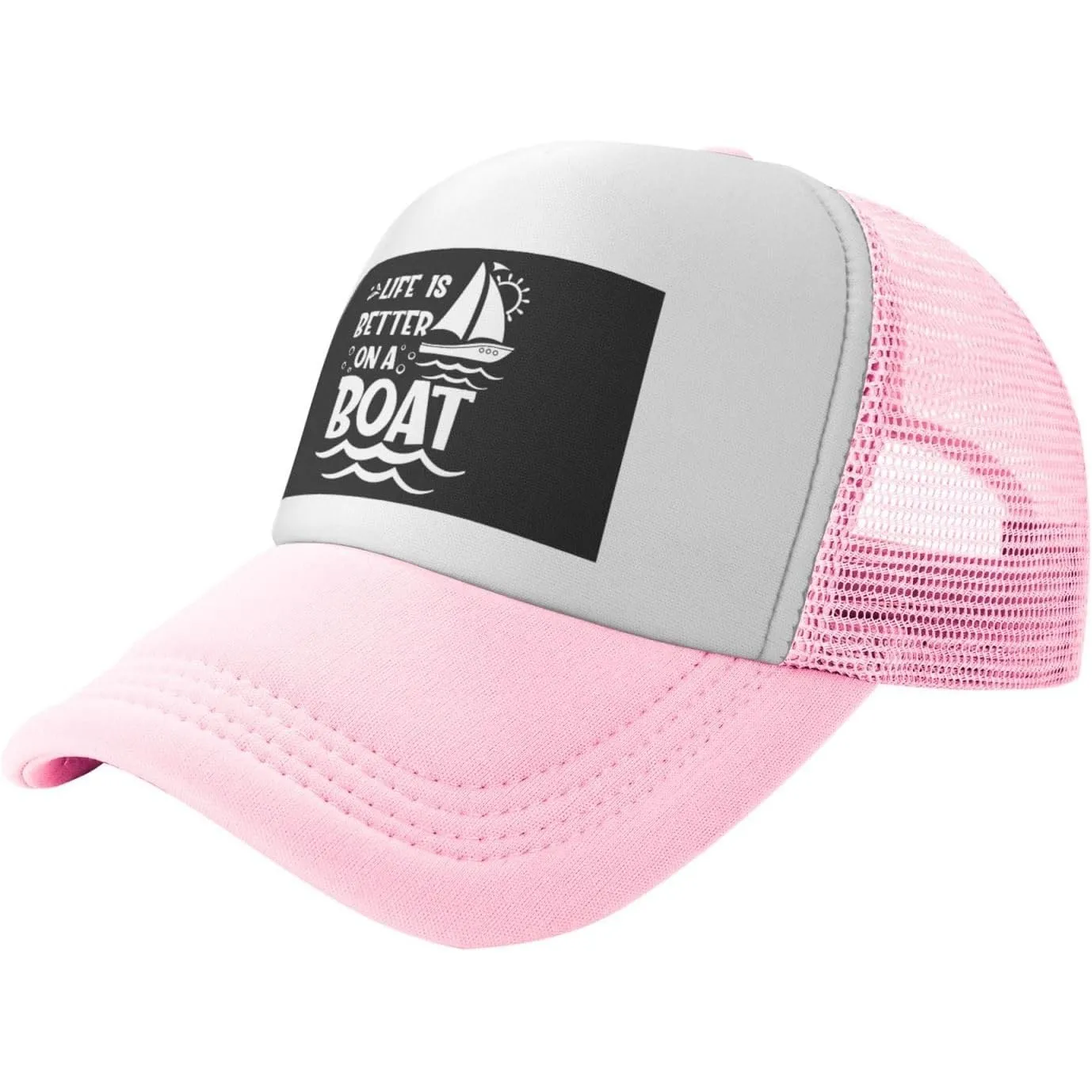 Life Is Better On A Boat Trucker Hat Pink Mesh Snapback Cap for Men and Women