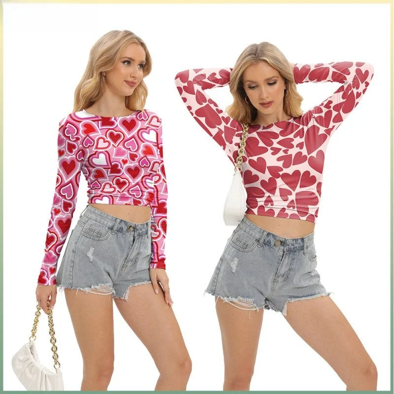 

Vntine's Day Long Sve round Ne T-irt Women's Cleanfit Floral Print Top Comfortable Linen Material Spring Faion