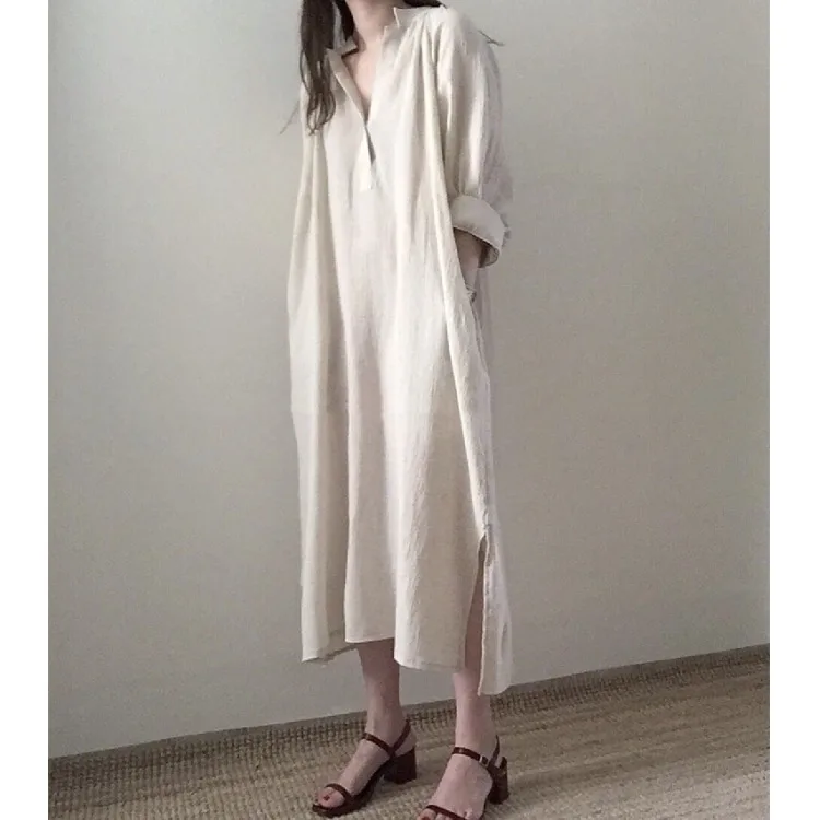 가을 코튼 린넨 드레스 레트로 롱 스커트 한국 스타일 다양한 상황에 적합 여러 연령대에 적합