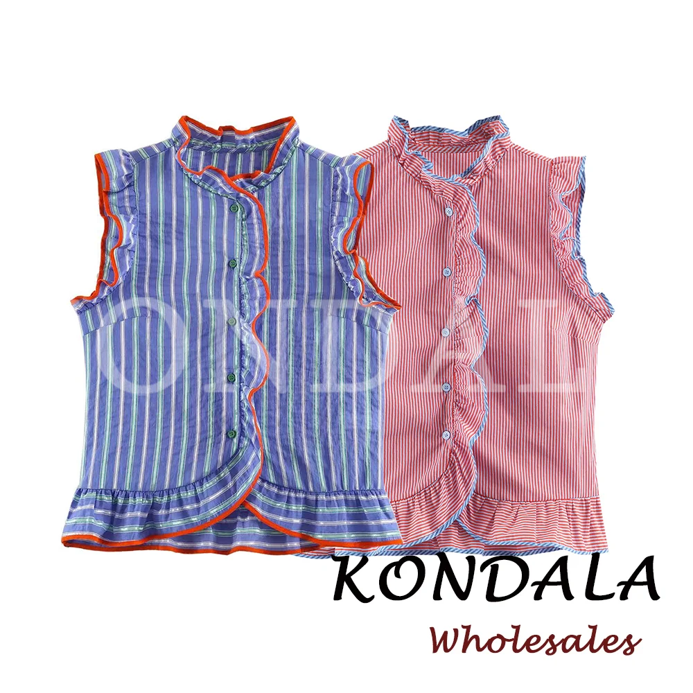 KONDALA Chic Striped Women Sleeveless Blouse Fashion 2026 Streetwear Tierred Single Breasted Casual Straight Folds Female Shirt