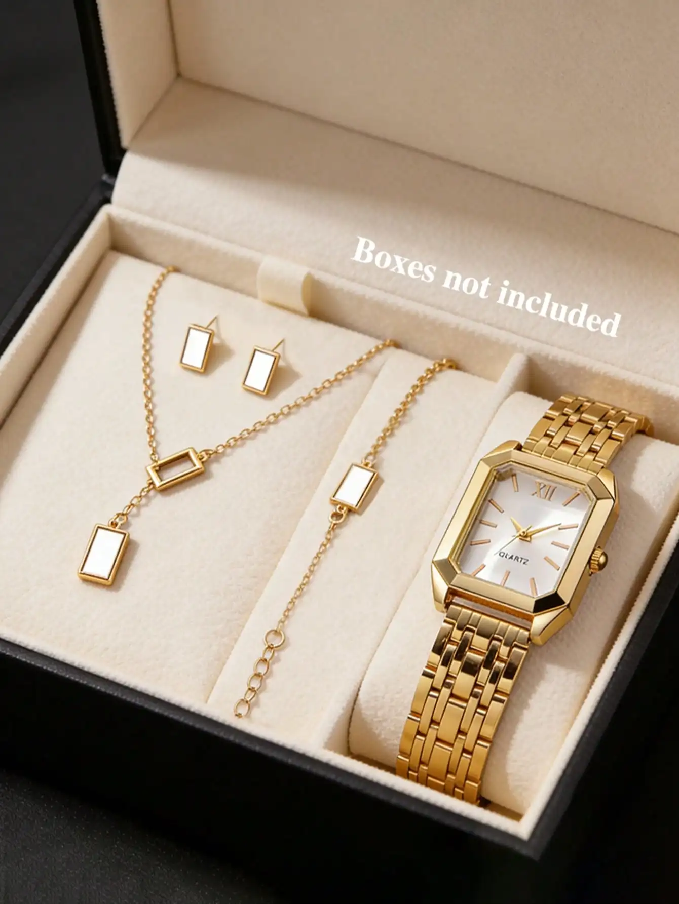 5PCS Gold Stainless Steel Quartz Watch And Square Necklace, Bracelet, Earrings Jewelry Set, Holiday Gift, Daily Versatile