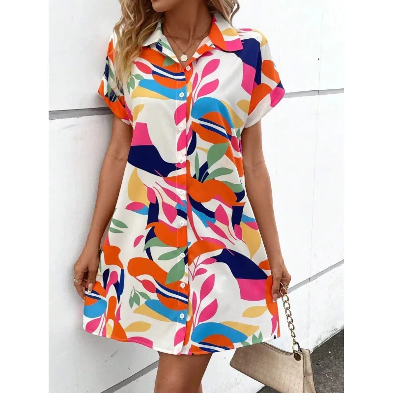 Vestido camisero de manga corta a la moda para mujer, vestidos informales con estampado de botones para oficina, camisetas largas 2024