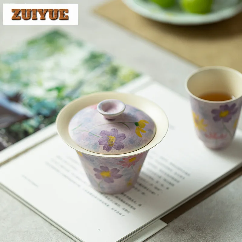 135ML Pure Hand-painted Gesang Flower Gaiwan Aesthetic Powder Yin Oil Painting Violet Tea Tureen Tea Brewing Cover Bowl Teaset