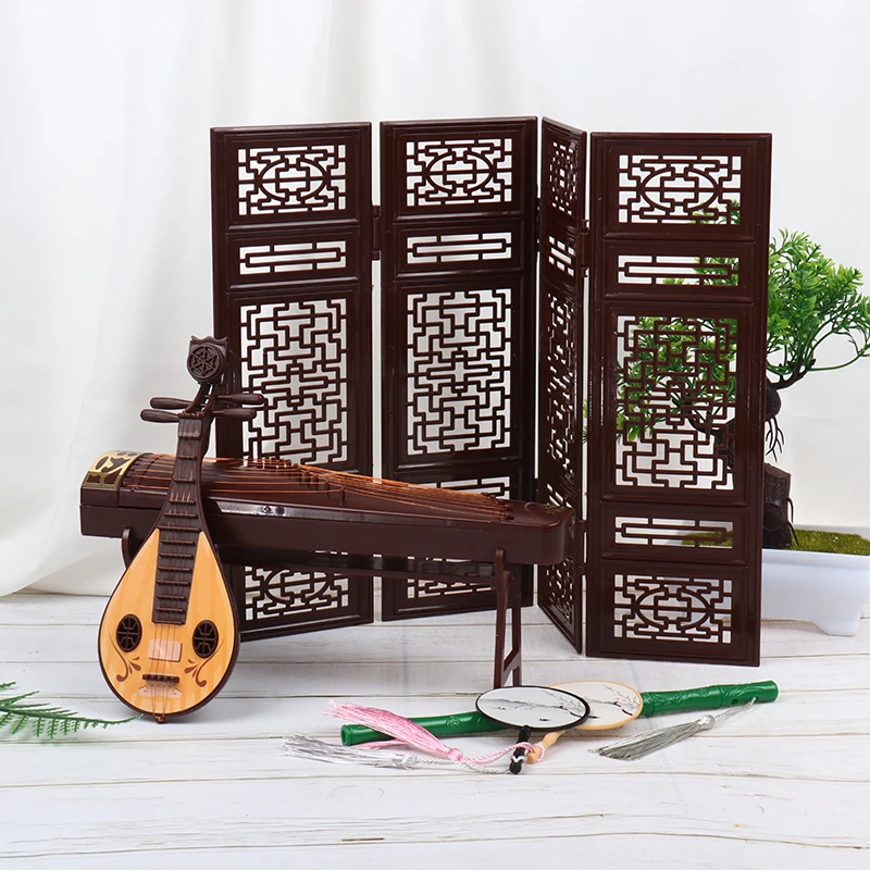 Dollhouse Miniature Folding Screen Flute Lute Guzheng Fan Life Scene Ornament