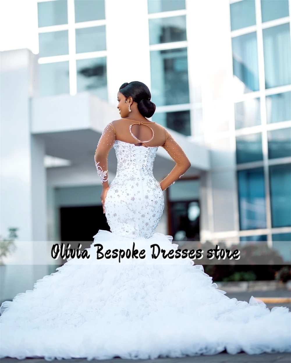 Notevole perline strass abito da sposa maniche lunghe tulle increspato treno Aso Ebi sirena abito da fidanzamento africano personalizzato