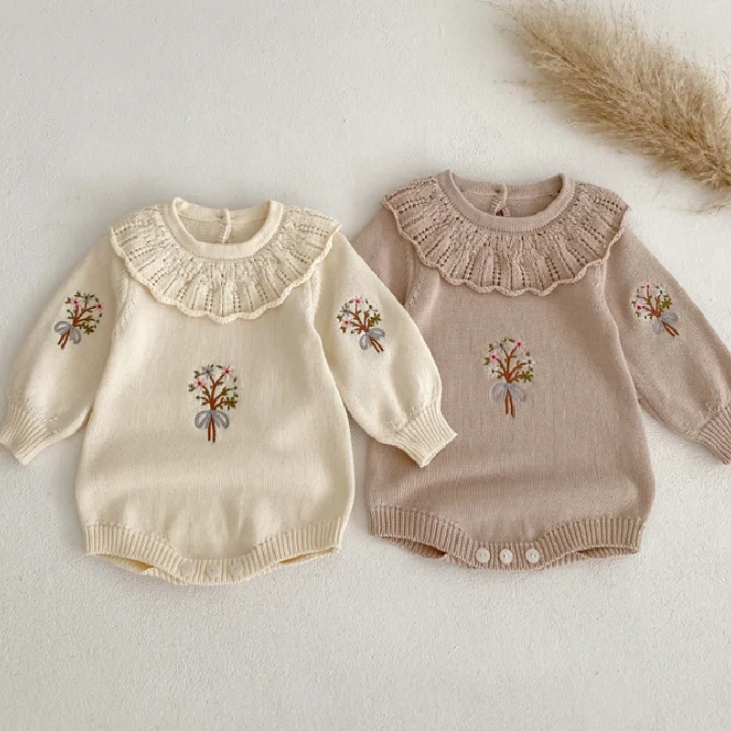 Knitted Baby Clothes Newborn Autumn Winter Baby Girl Sweater Romper Embroidery Ruffle Baby Romper Sweater Girl Toddler Jumpsuit