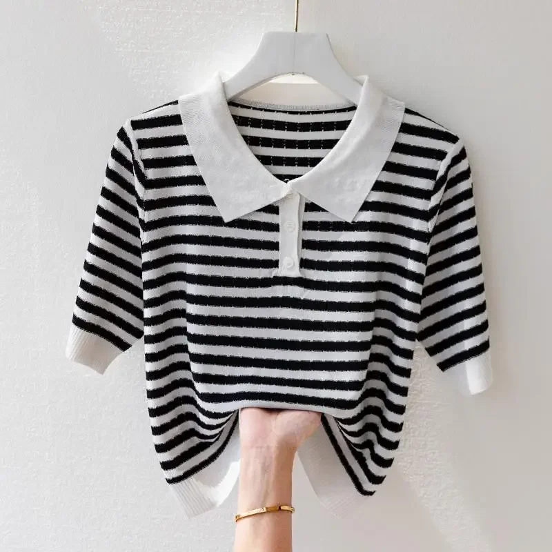 Fashion Women Short Sleeve Striped Knitted Polo Shirts Spring Summer All-match Tees Female Clothing New Pullover Bottoming Tops