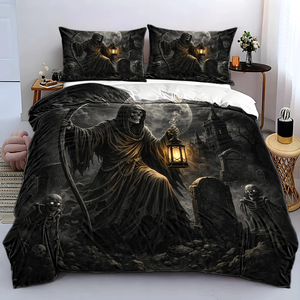 3Pc Dark Grim Reaper Skull Graveyard Duvet Cover Set Gothic Halloween Horror Bedding Machine Washable Invisible Zipper Double Quilt Cover