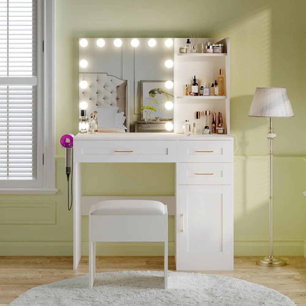 مكتب فانيتي مع مرآة وأضواء، مكتب زينة للمكياج مع مخرج طاقة، 3 ألوان إضاءة سطوع قابل للتعديل، زينة بيضاء #6