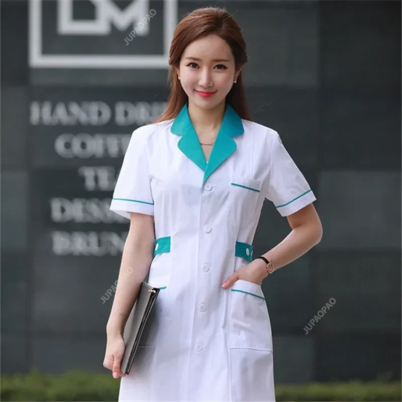 Women's Lab Coat Fashion Medical Uniforms Long Jacket with Side Belts Short Sleeve/long Sleeve Workwear Pharmacy White Coat