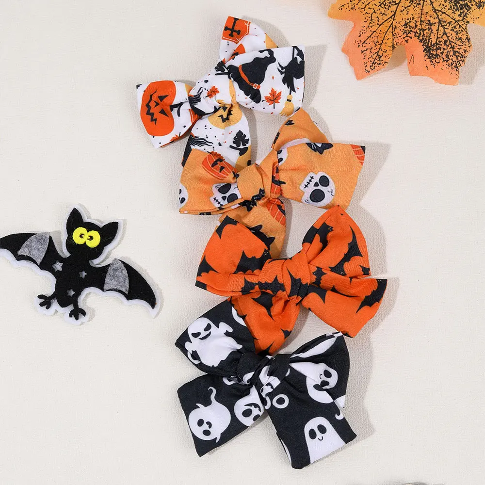 4Pcs Kids Halloween Hairpin Ghost Pumpkin Hair Bows Clips Ribbon Witch Hat Print Barrettes Girls Party Headwear Hair Accessories