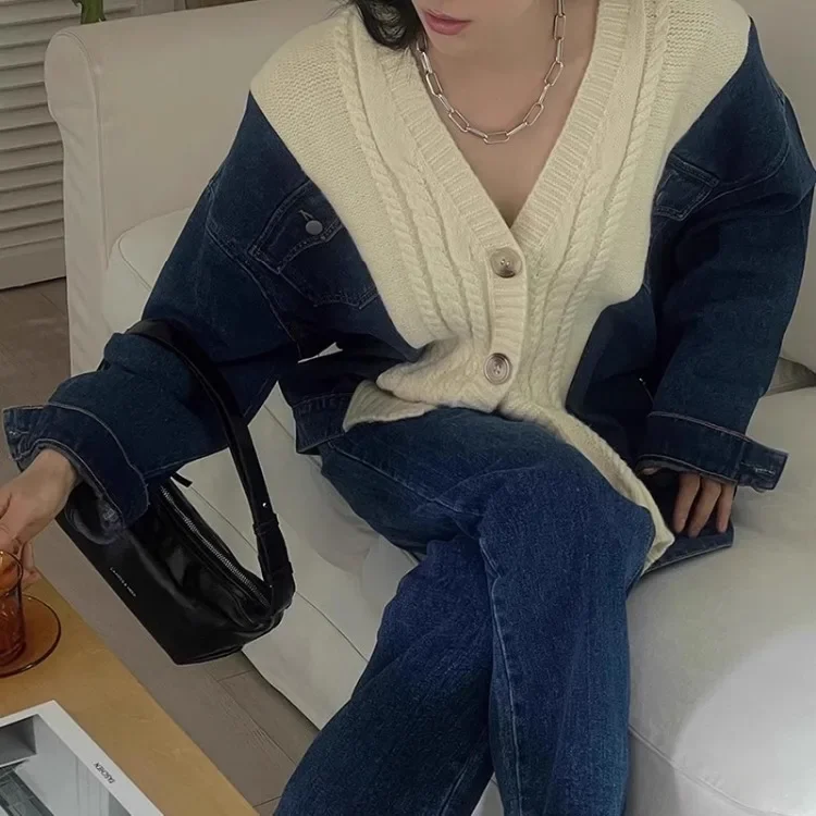 Vintage V-neck Patchwork Denim Cardigan 2024 Autumn Winter New Sweaters Coat Women Y2k Long Sleeve Loose Cardigan Tops Mujer
