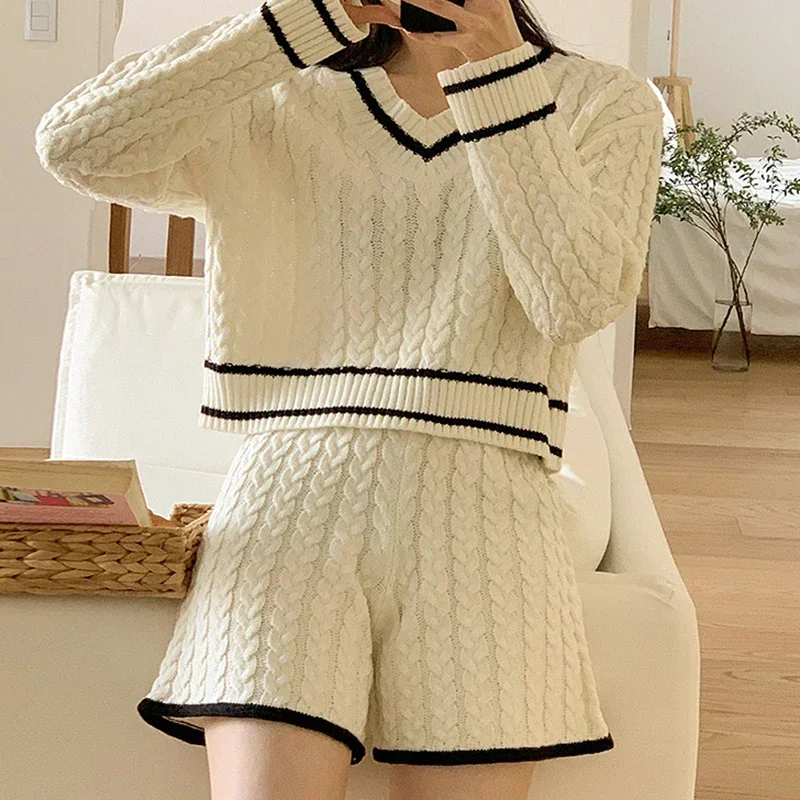 Women Casual Long Sleeved Knitted Tops Shorts Set V-Neck Chic Loose Shirt High Waisted Shorts Set For Women 2024 Autumn Winter