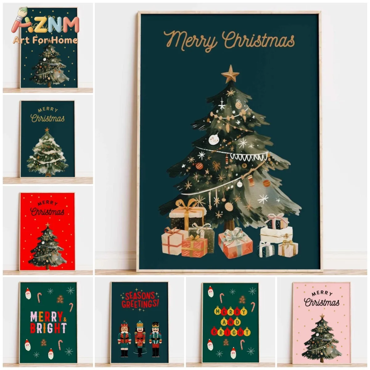 AZNM Frameless Canvas Wall Art, Watercolor Christmas Tree Gift Nutcracker Print, Merry Christmas Season Greetings Holiday Typogr