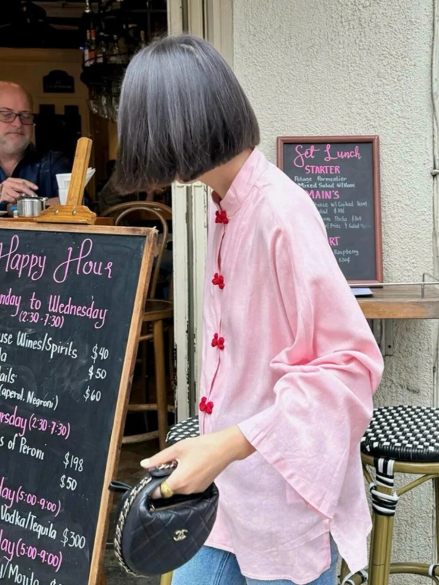 الوردي الكتان irt Mei Ding Sle زر حتى عارضة تنفس طويلة Sve المرأة فضفاضة تناسب irt عطلة ارتداء الذقن التقليدية...