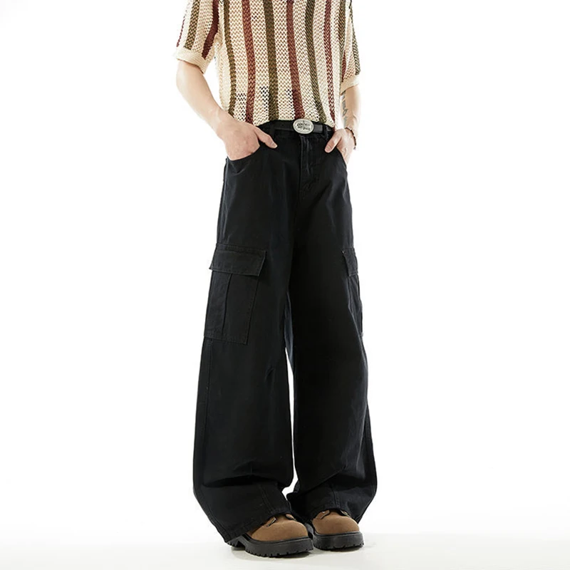 WTHT Vintage Men's Solid Color Spliced Big Pockets Cargo Pants Fashion 2026 Summer High-waisted Wide Leg Trousers Male 2A3108