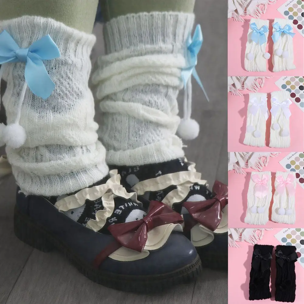 Hosiery Plush Ball Knitted Lolita Boot Cuffs Thicken Bowknot Winter Tube Stocking Foot Cover Sweet Y2K Leg Warmers Women