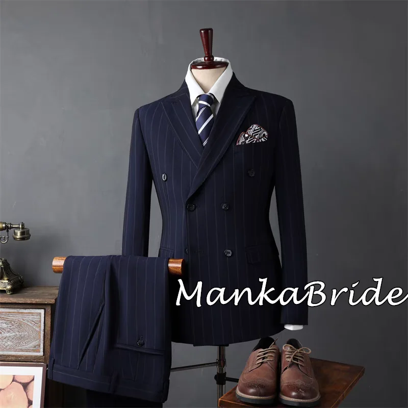 Double Breasted Black Stripe Men Wedding Suit Groom Tuxedo Blazer Pants formal Party  Business Office Male Suits