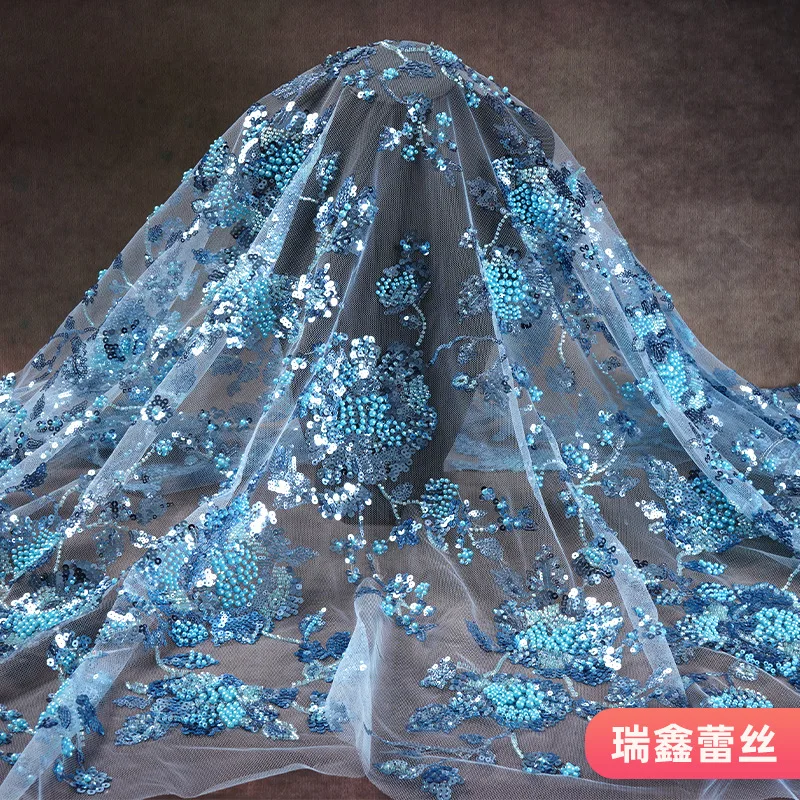 

10 Elastic Tulle DIY Evening Dress Material Luxury Bridal Lace Trim Fabric Embroidered Beading Sequin Pearl Floral Embellishment