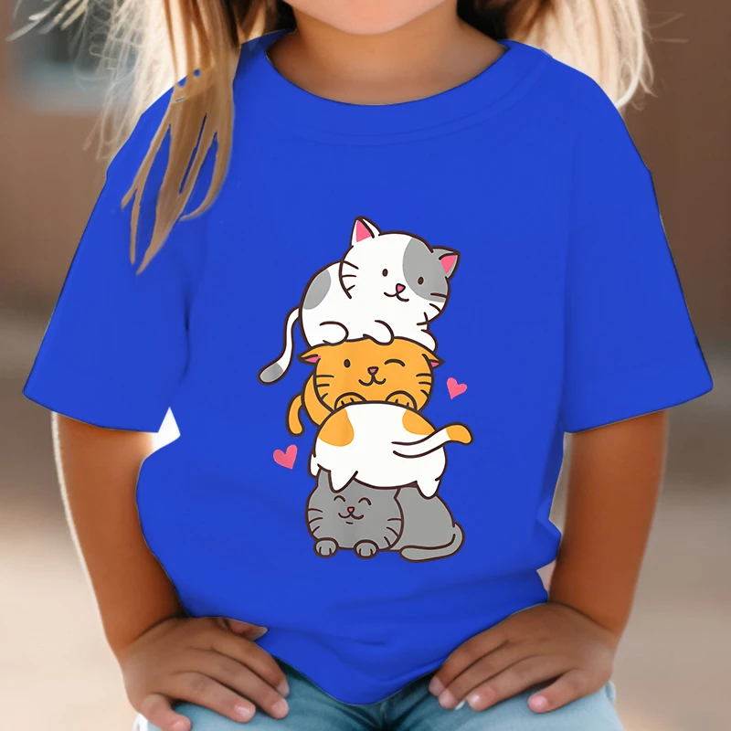 Cute Cat Graphic Print Crew Neck T-Shirt Kids Summer Casual Short Sleeve Tee Cartoon Animal Boys Girls Kawaii Kitten Tops Tshirt