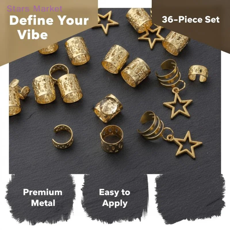 36/41 PCS Gold Metal Hair Braid Accessories Hollow Star Pendants Adjustable Rings For Festivals Parties Daily Hairstyle Decor