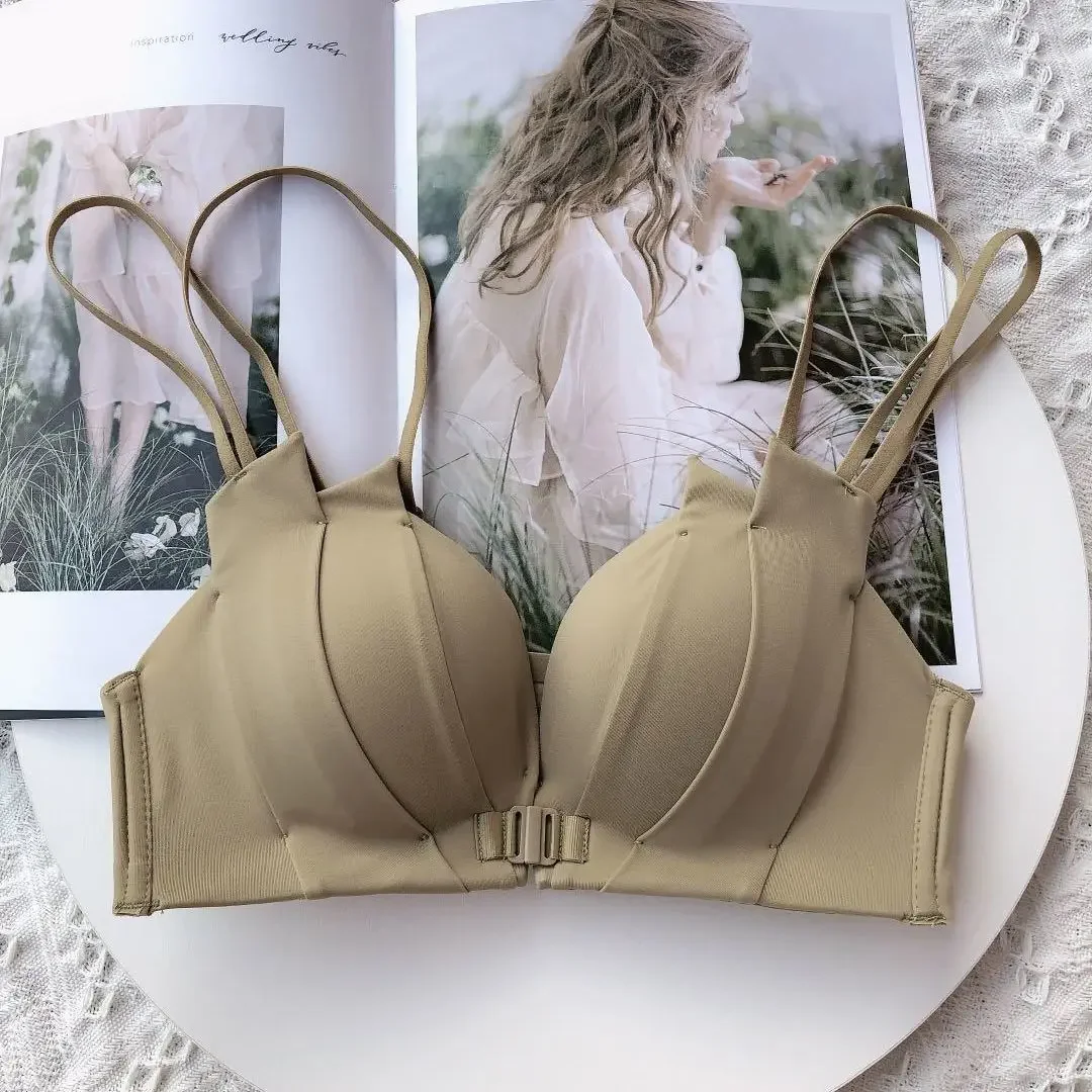 ملابس داخلية مثيرة بزر أمامي للنساء صدر صغير متجمع بدون حلقة فولاذية مريحة ومضادة للترهل صدر جميل من الخلف حمالة صدر سوداء