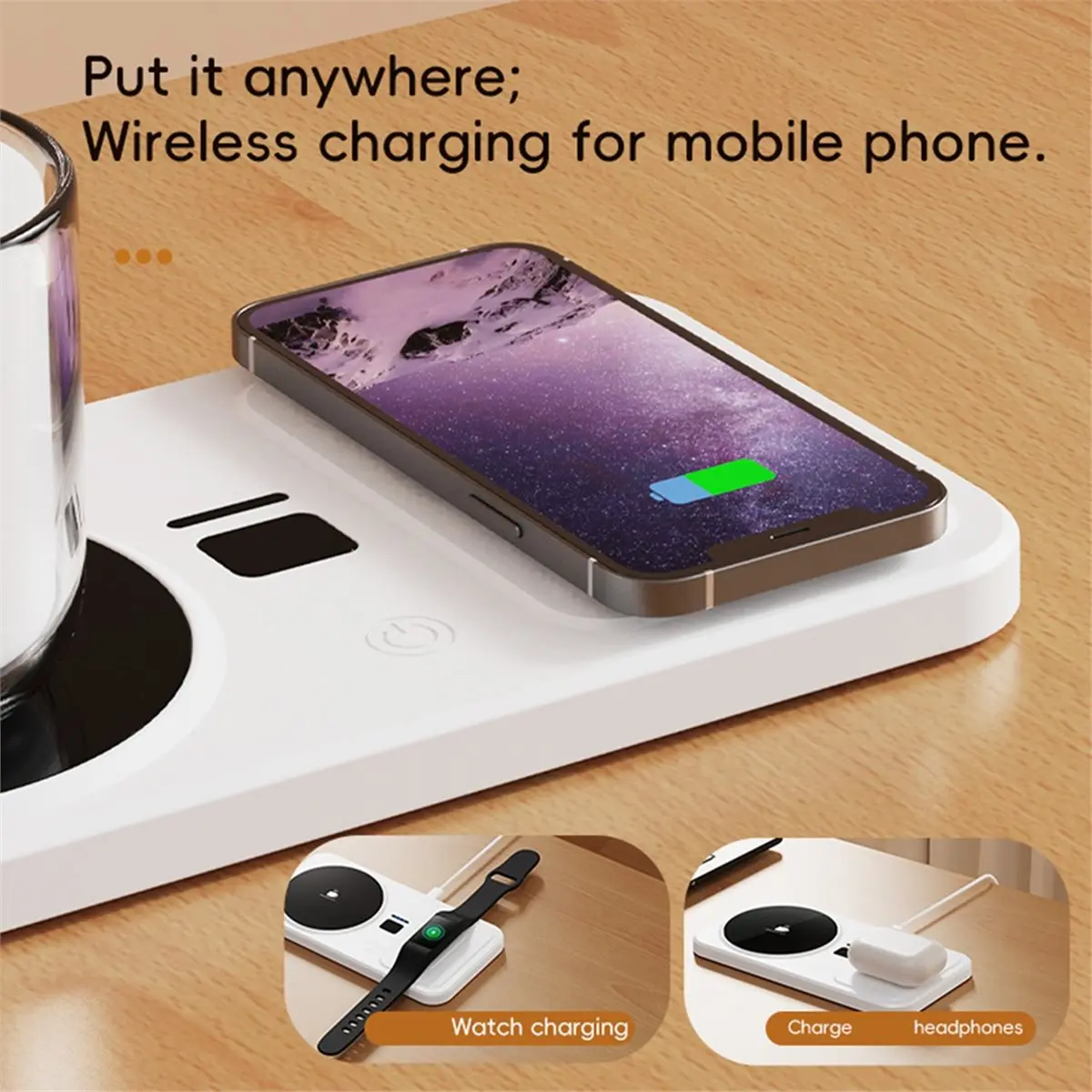 A06R 2 in 1 Coffee Mug Warmer Wireless Charger Multi-Functional Cup Heating Pad 3 Gear Temperature for Milk B US Plug