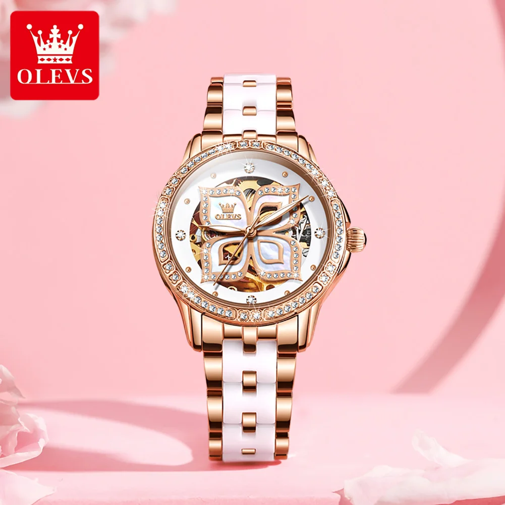 OLEVS Womens Watch Elegant Fashion Bezel Ceramic Strap Original Mechanical Wristwatch Waterproof Luminous Butterfly Dial Ladies