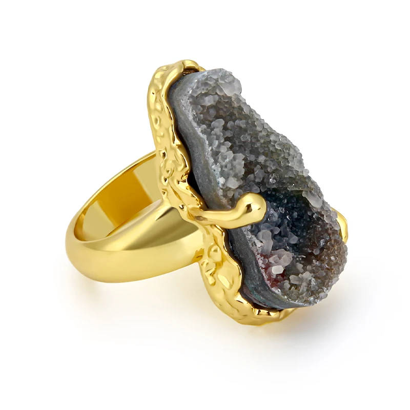 

IVOG Purplish Black Semi-Precious Stone Ring For Women Gold Color Bezel Setting Ring Fashion Jewelry Family Gift