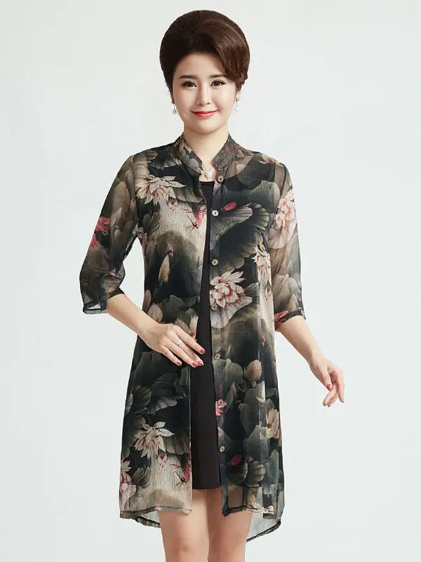 

Весенне-летний новый комплект из двух предметов для женщин среднего и старшего возраста: шифоновое платье миди с длинным рукавом больших размеров.