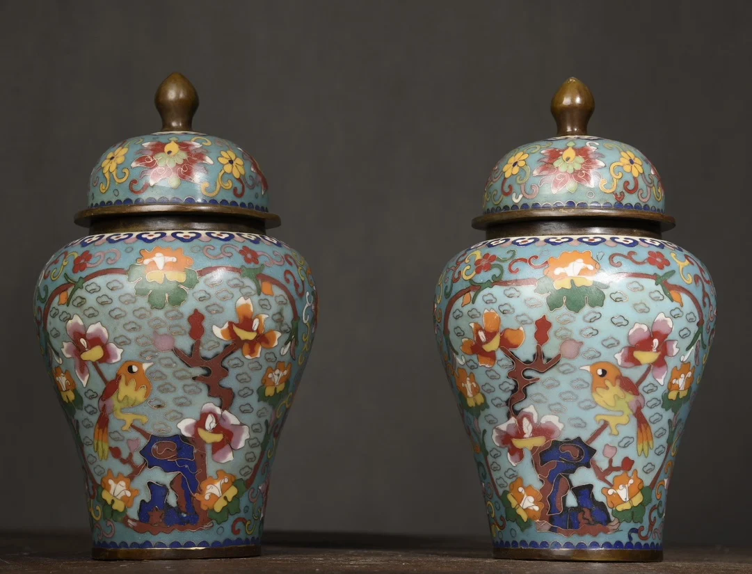 

10"Tibetan Temple Collection Old Bronze Cloisonne Enamel Magpie Plum Blossom Texture Jar Longevity pot General tank A pair