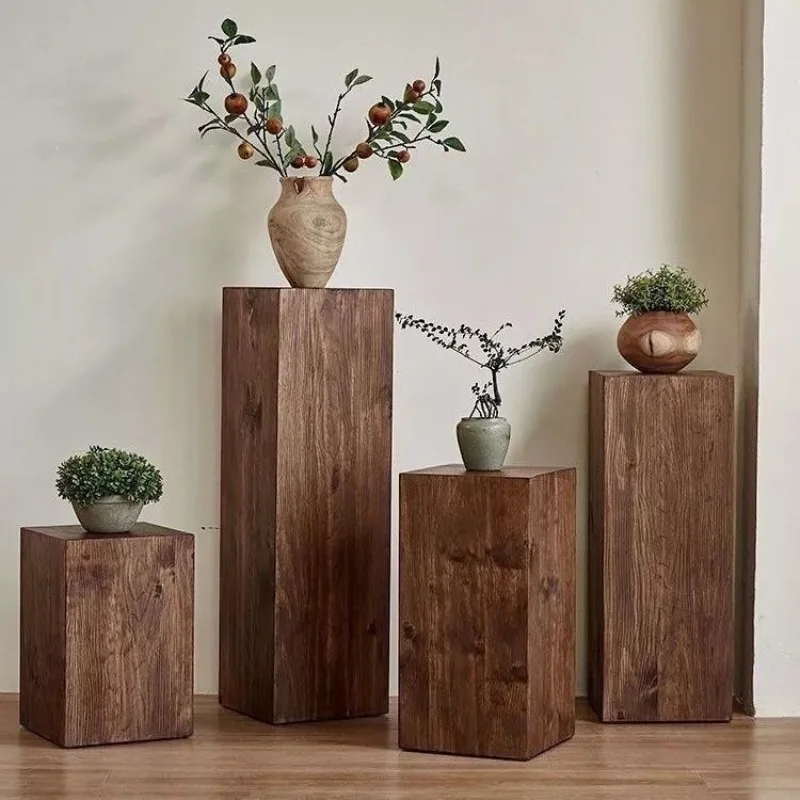 wabi-**** wind square wooden pier stool flower stand log stump coffee table edge table retro natural solid wood base ornament