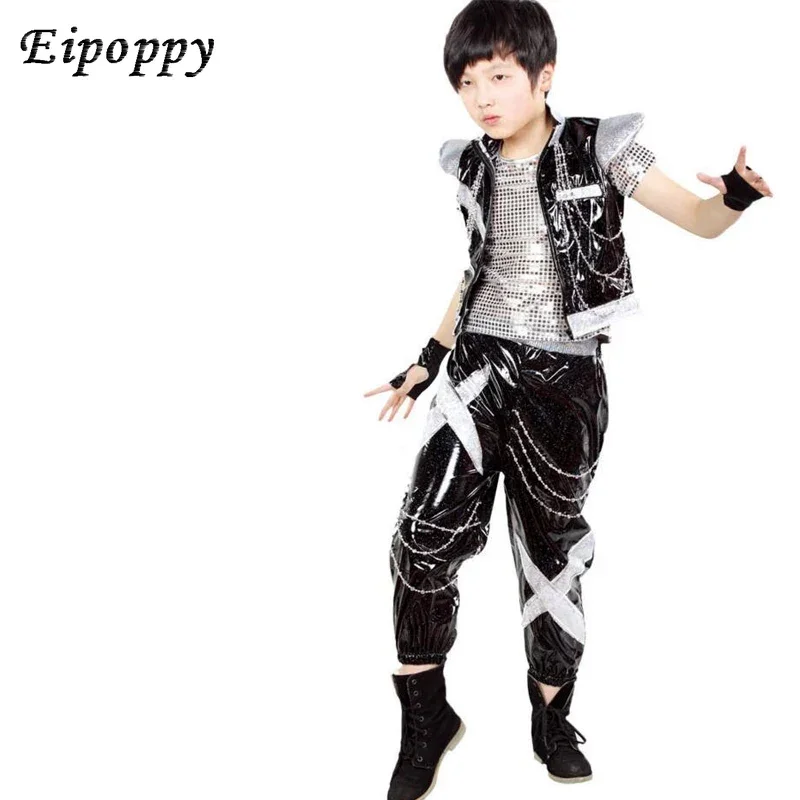 Srebrne ubrania dla dzieci z krótkim rękawem Hip Hop Show kostium Boy jazzowy kostium taniec nowoczesny