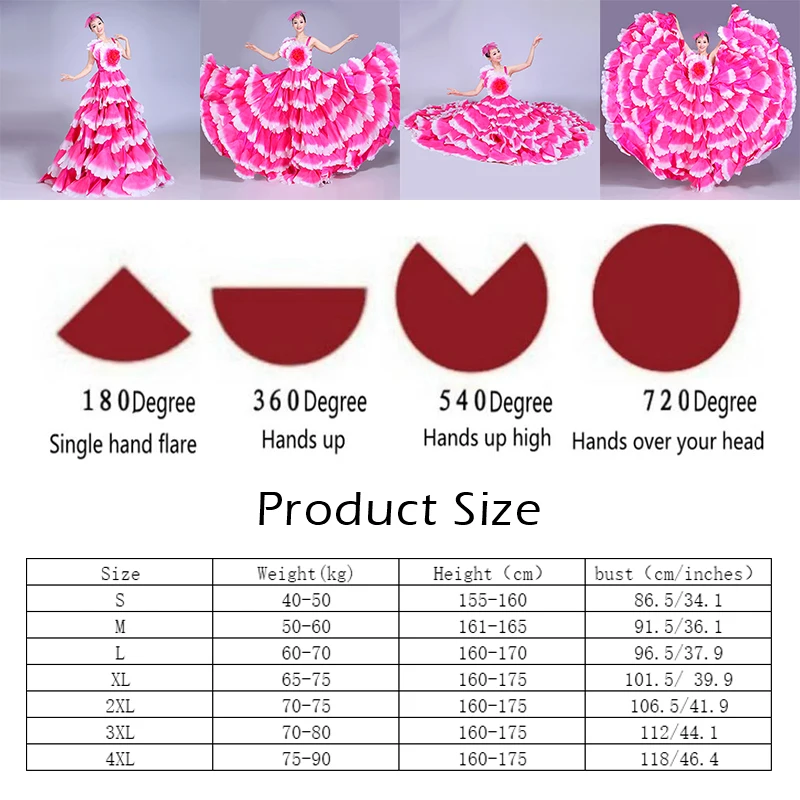 180/360/540/720 Degree Women Petal Spanish Dress Opening Dance Costume Bullfighting Flamengo Dress Gypsy Performance Stage