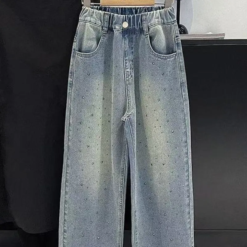

Girls' Hot Diamond Jeans Spring/Summer 2025 New Collection Children's Loose Straight Tube Trousers Korean Edition Wide Leg Pants