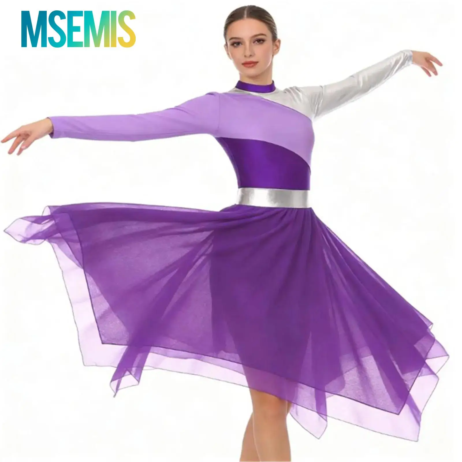 

Womens Modern Lyrical Christian Dance Leotard Dress Long Sleeve Irregular Hem Tunic Dresses Waltz Ballroom Praise Dance Costume