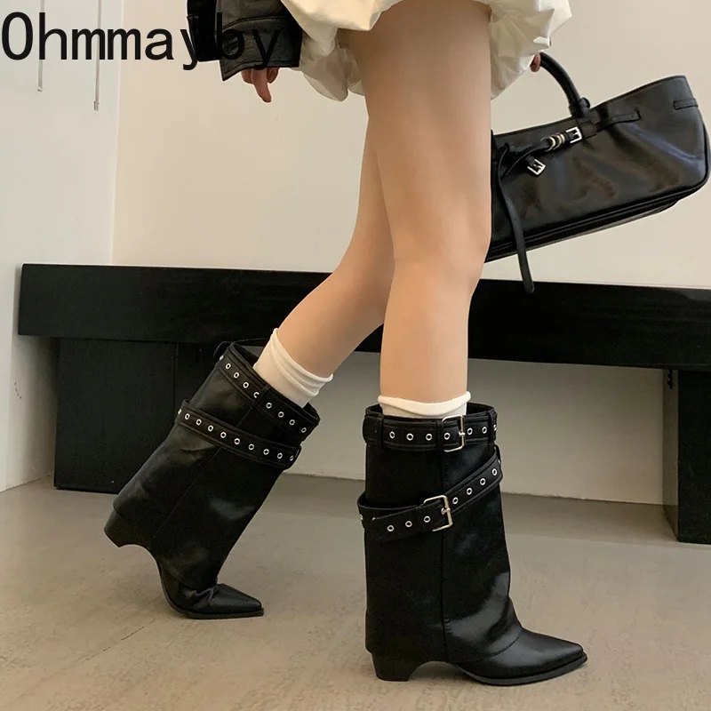 هوتي حزام مشبك المرأة أحذية الكاحل موضة أشار تو كعب سميك السيدات أحذية رعاة البقر الغربية