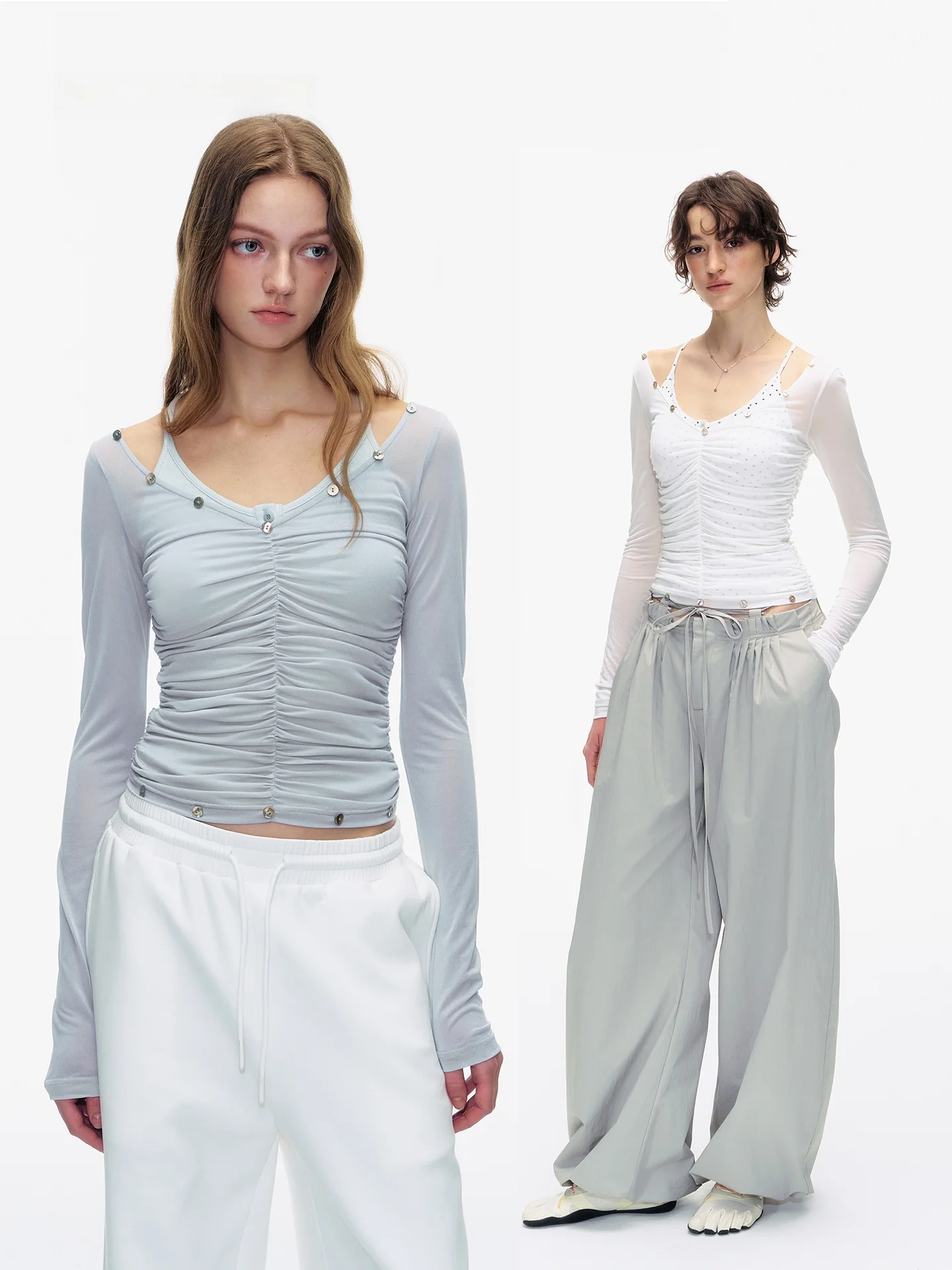 

Acetate Semi-Transparent Folded Design Button Decoration Slimming Top Princ Sle Long Sve Low round Ne ort Length