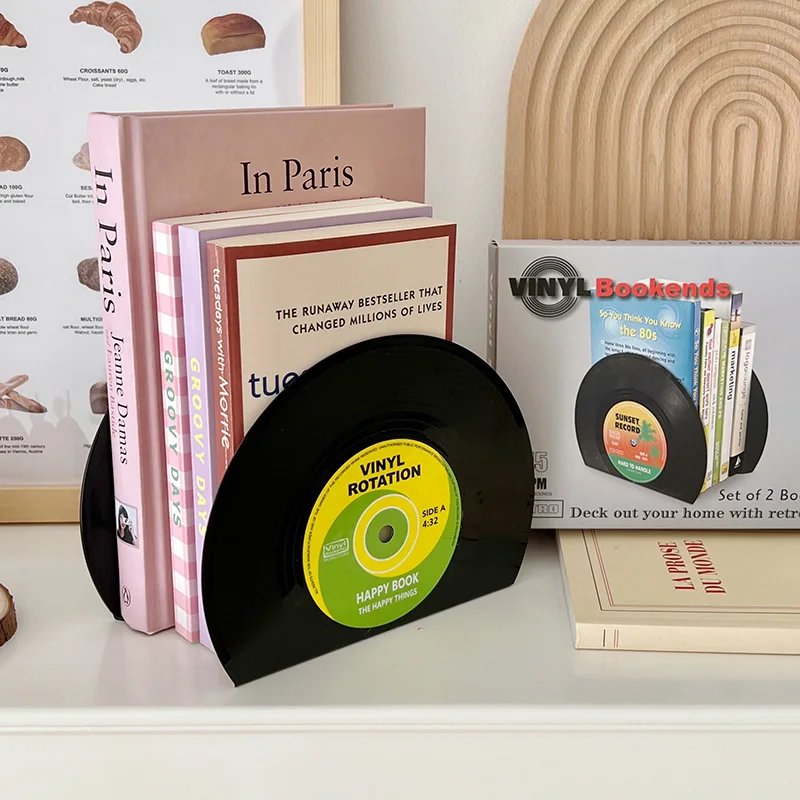 1Pair Vinyl Record CD Bookends Creative Record Bookstand Desktop Decoration Rubbie Vintage Partition Bookcase Office Accessories