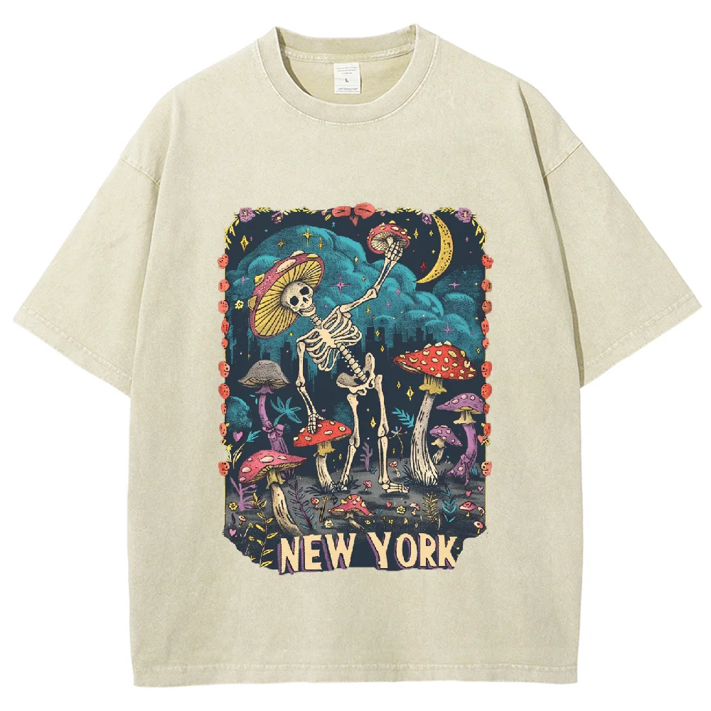 

New York Washed T-shirt, Skull Cartoon Skeleton Mashroom Party Print, Street Tops Comfortable Oversized Vintage Unisex Plus Size