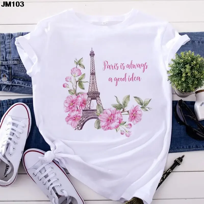 Fashion Atasan Wanita Tshirt Harajuku Paris Menara Eiffel Cetak T Shirt Kasual Streetwear Lengan Pendek Pakaian Wanita T-shirt